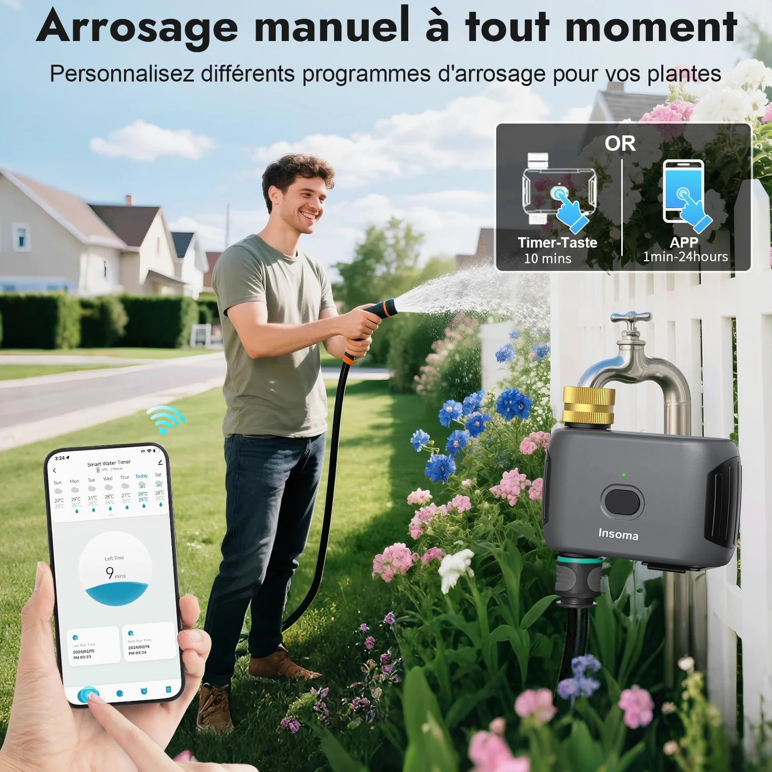 Insoma Minuteur d'eau WiFi pour tuyaux d'arrosage, minuterie Intelligente d'arrosage, télécommande par Application, minuterie de Tuyau WiFi, Commande vocale avec Alexa, Retard de Pluie et Mode Manuel