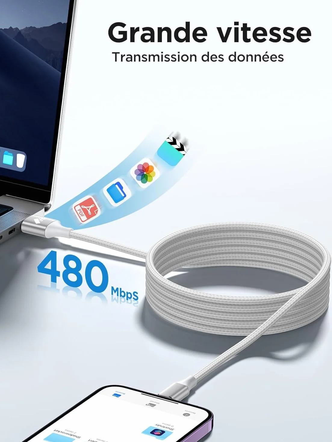 Câble iPhone 2M Lightning USB MFi Charge Rapide Nylon Tressé pour iPhone 14 13 12 11 Pro Max XS XR X 8 7 6 6s SE iPad