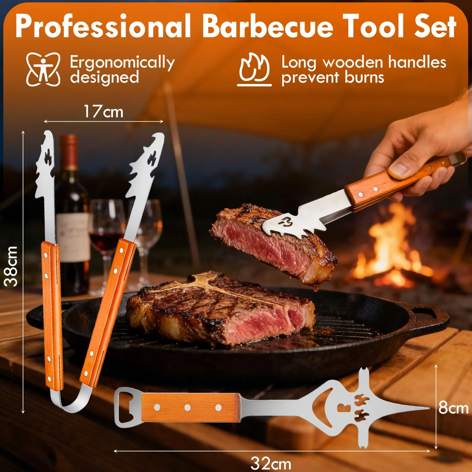 Ensemble d'ustensiles de barbecue en acier inoxydable 4 pièces avec pinces, spatule, fourchette à viande, manches en bois