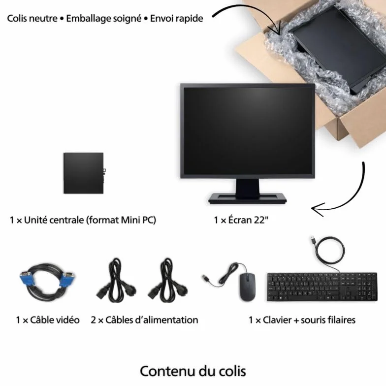 PC Ultra Mini Intel Core i5 Windows 11 Pro SSD 500Go RAM 16Go Wi-Fi Écran 22'' Ordinateur Bureau Compact Reconditionné