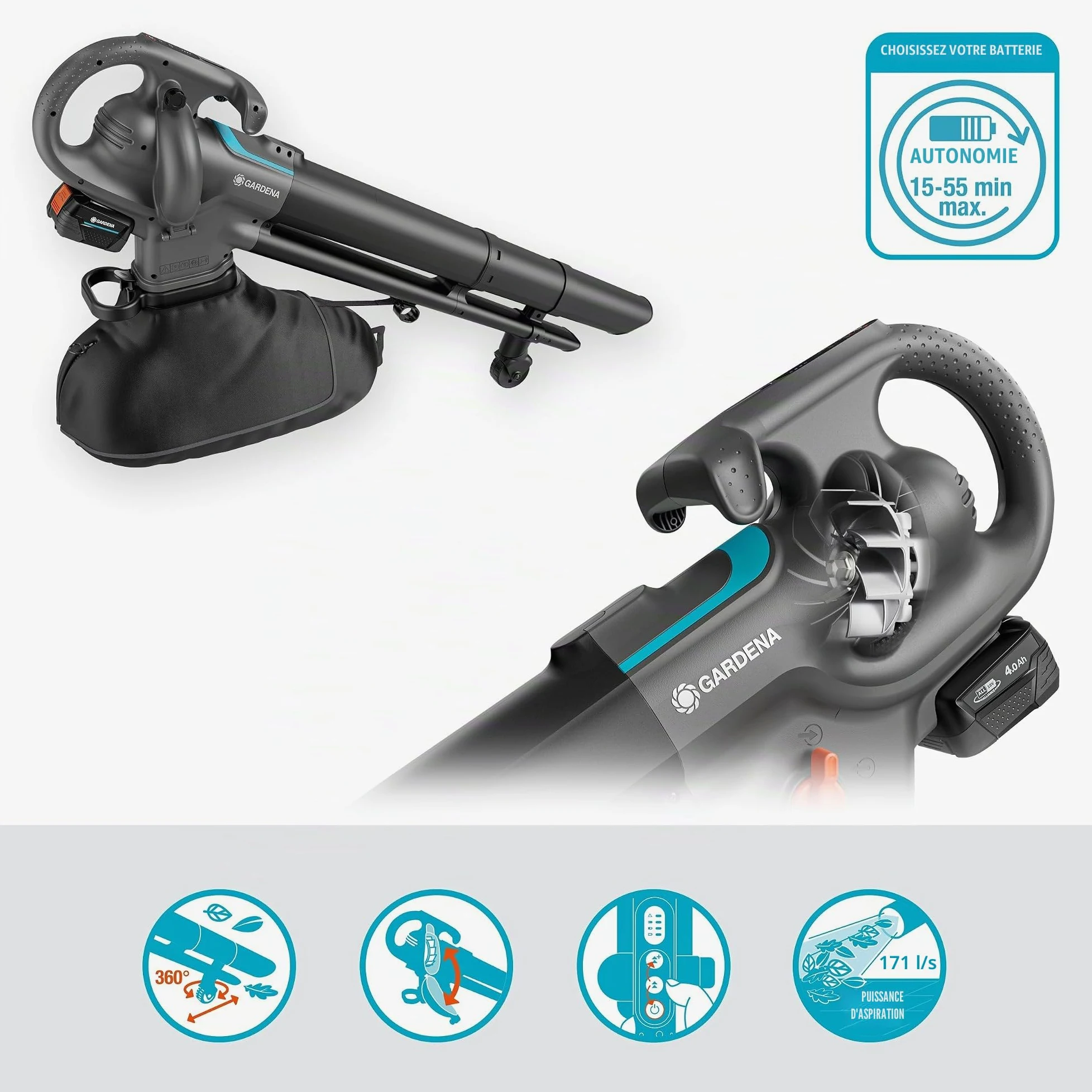 Gardena Aspirateur souffleur broyeur 3-en-1 PowerJet Collect 18V P4A - sans chargeur ni batterie: Flux d’air puissant , Changement de mode rapide , Vitesse réglable , Sac de ramassage (14895-55)