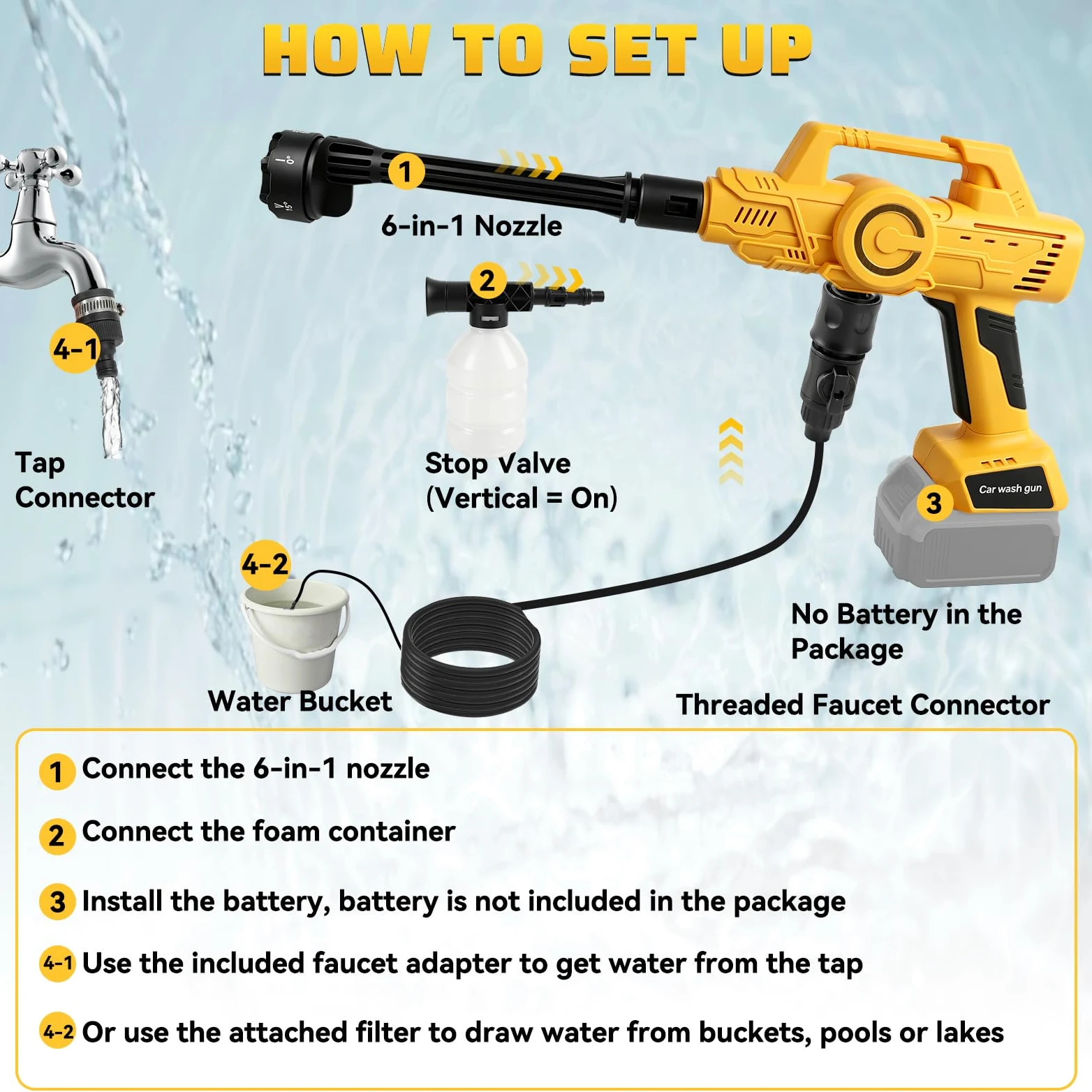 Nettoyeur haute pression sans fil compatible avec Dewalt 18/20 V, 21 000 tr/min, 69 bar, nettoyeur haute pression portable avec buse 6 en 1 pour nettoyer les sols, clôtures et murs de voiture, jaune