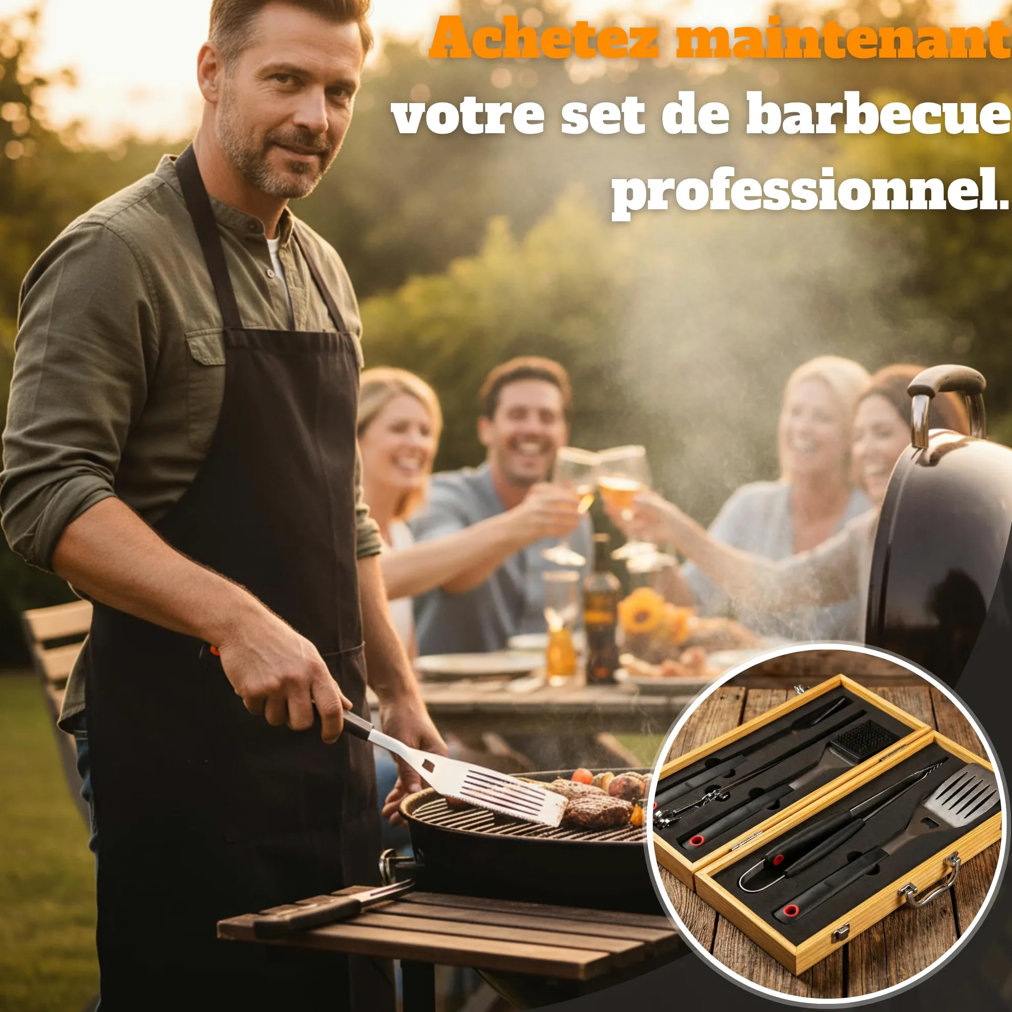 Coffret Barbecue Homme - ustensiles Barbecue INOX dans Une Valise en Bois | Spatule 3-en-1 avec décapsuleur & lame, outils barbecue, cadeau fête des pères & Noël