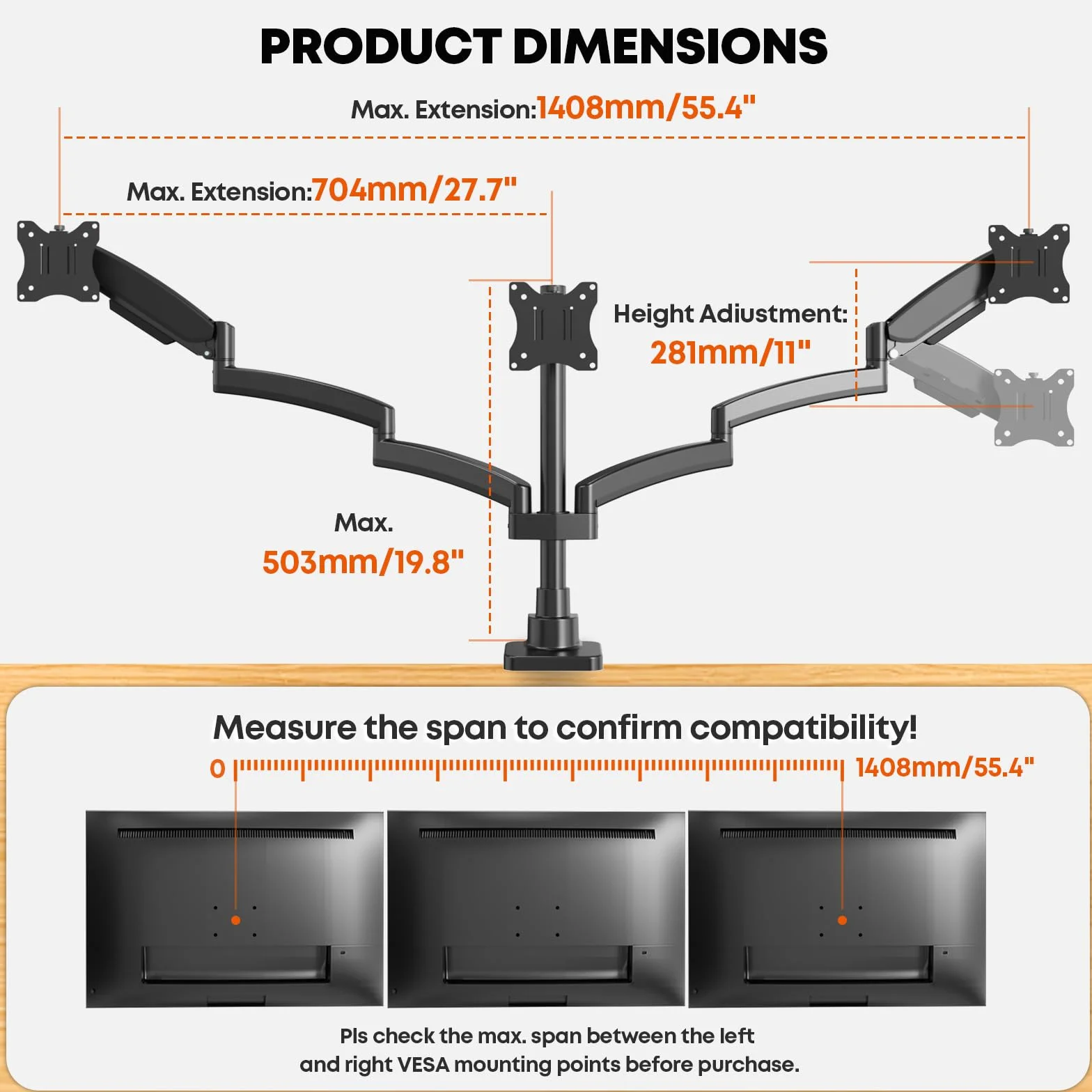 PUTORSEN Support pour 3 écrans 17-32 Pouces, Charge 10 kg par Bras, VESA 75/100 mm