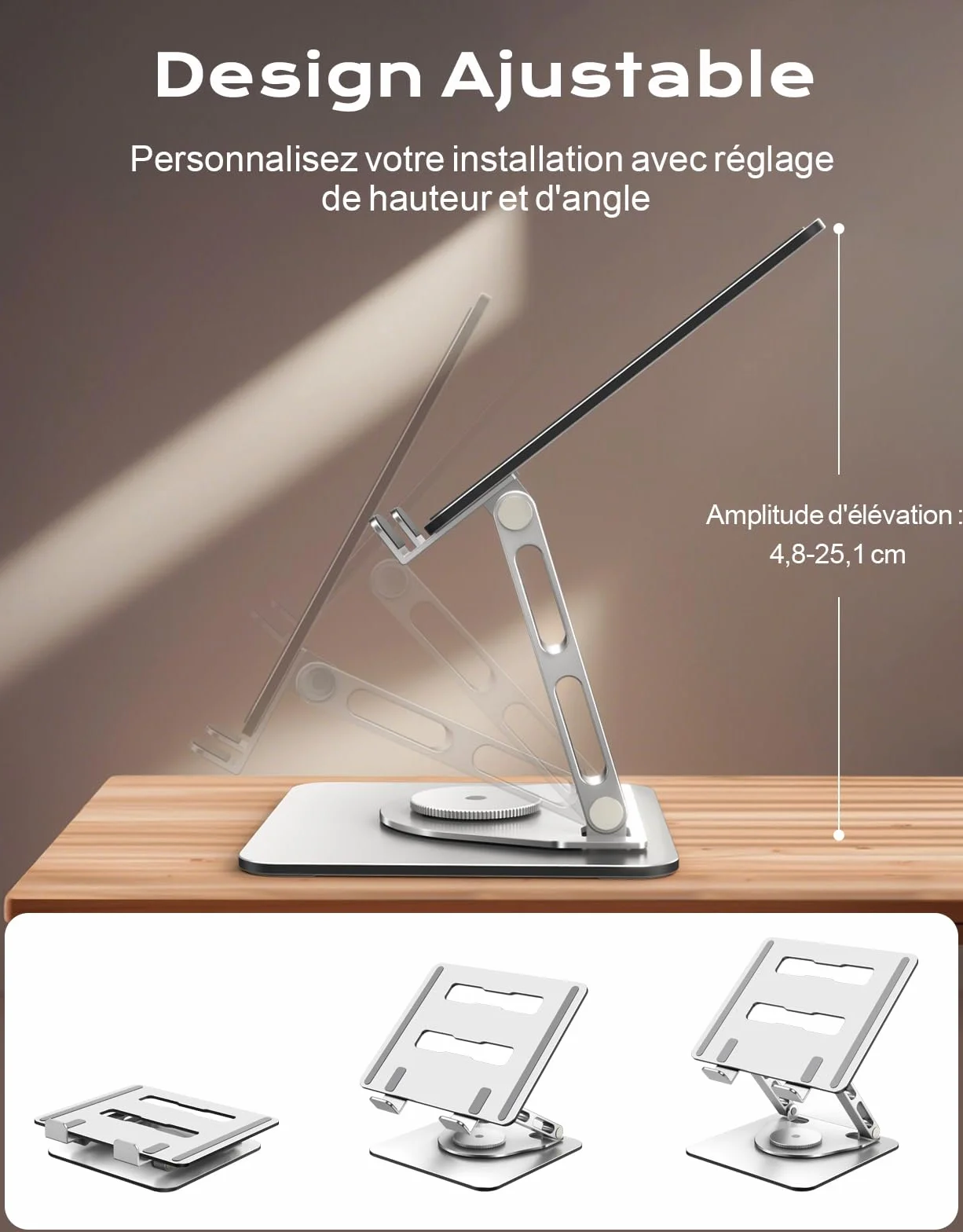 Support Ordinateur Portable Pivotant 360° Double Barres Réglables Ergonomique Refroidisseur Laptop Stand Silicone Antidérapant Compatible MacBook Air Pro 10"-16"