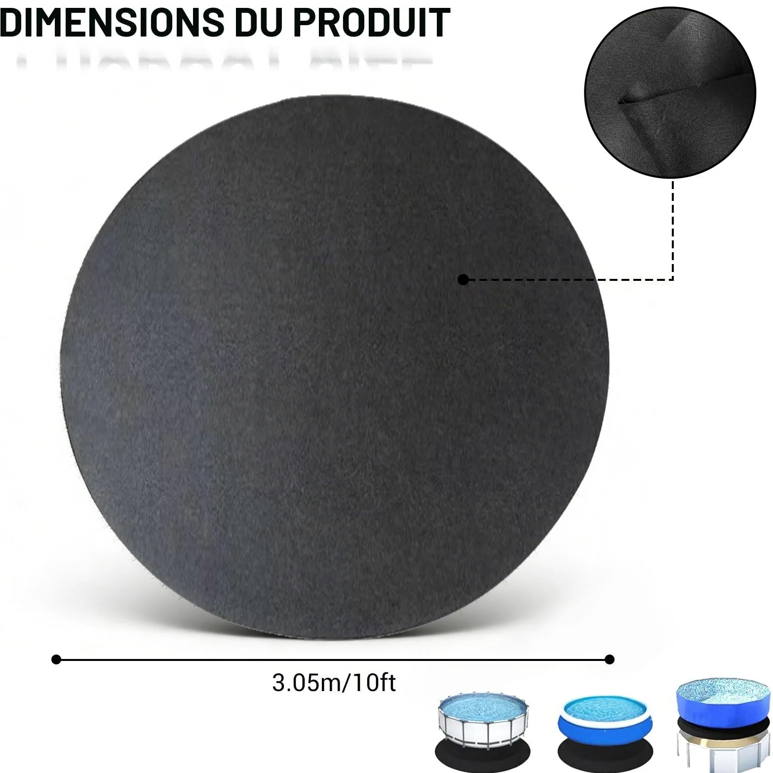 Tapis de piscine rond - Tapis de sol rond - Pour piscines hors-sol et jacuzzis - Tapis de piscine antidérapant et imperméable - Pour l'extérieur, la cour, le jardin, la pelouse (noir/305 cm)