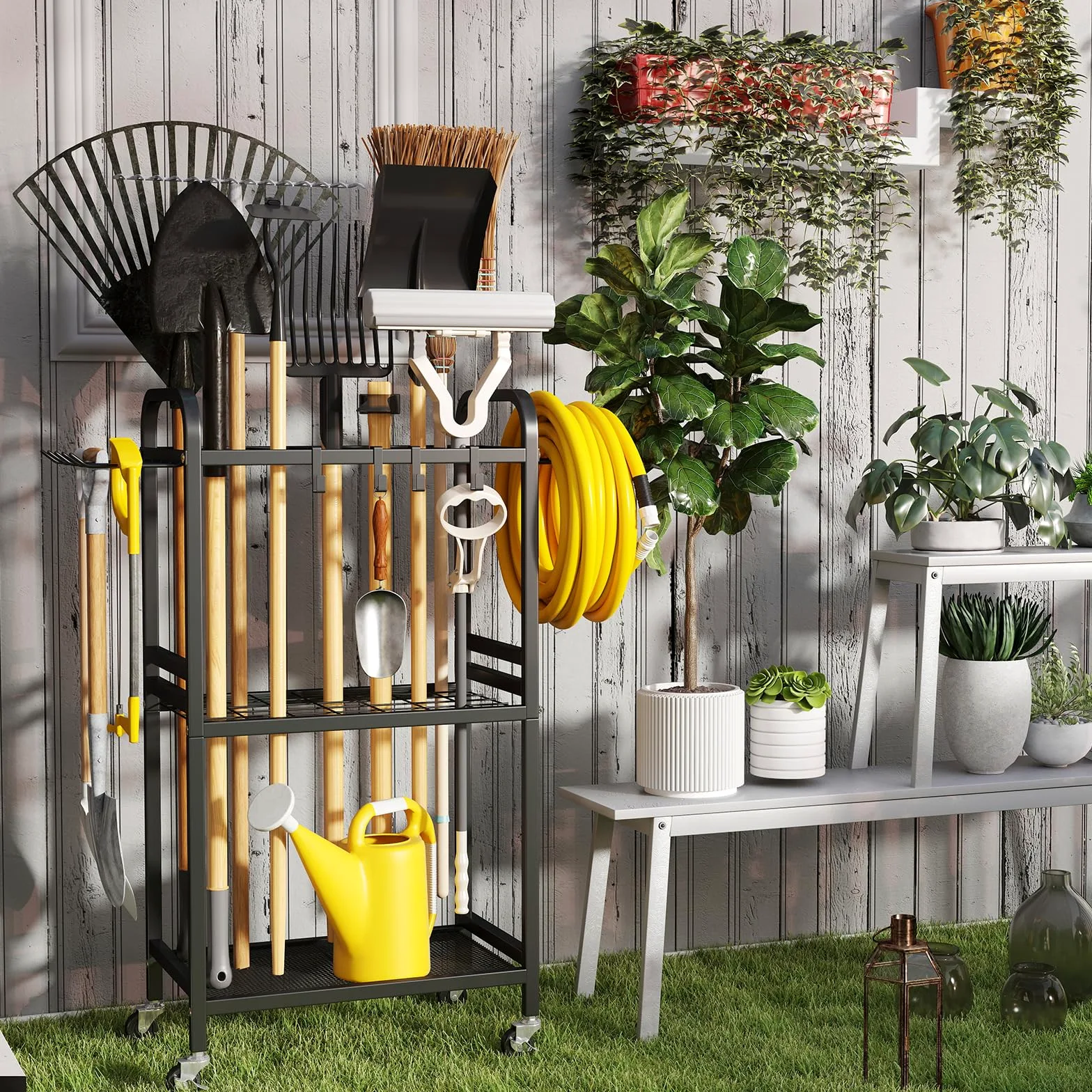 Hadulcet Organiseur d'outils de jardin, organisation et rangement de garage en métal avec roues verrouillables, porte-outils de jardin avec crochets de rangement, organiseur d'outils de cour robuste