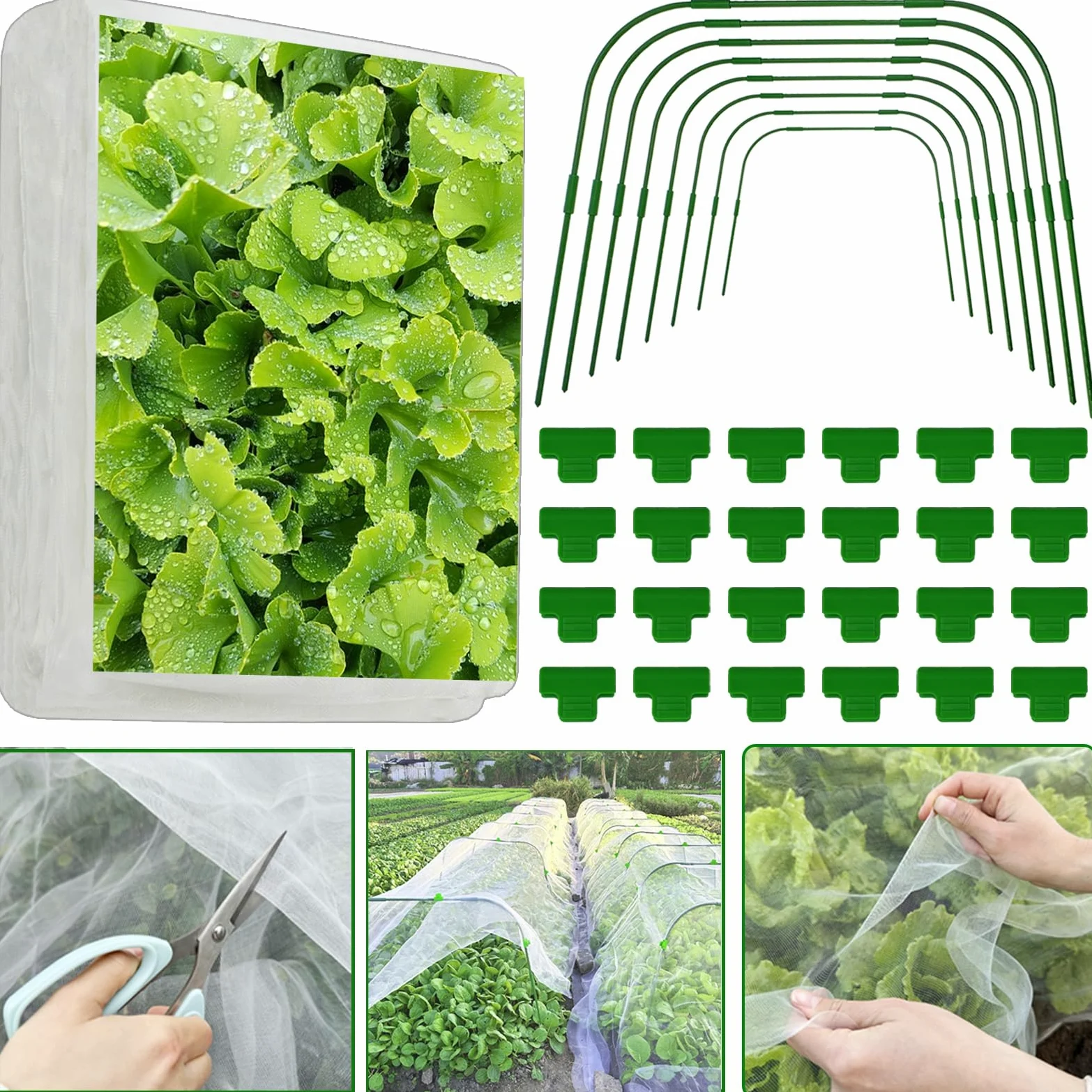 Kit de filet de jardin, filet de barrière en maille fine de 3 x 10 m avec 8 cerceaux de jardin et 24 clips, filet anti-insectes, couverture de rangée de parterres surélevés, protège les légumes, les