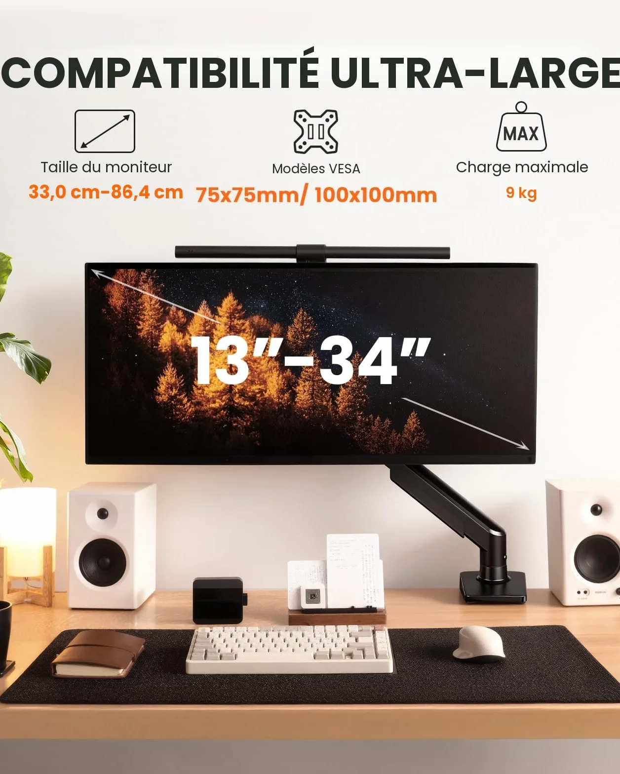ErGear Bras Ecran PC 13-34 Pouces VESA 75/100 mm jusqu'à 9kg Gestion de Câbles