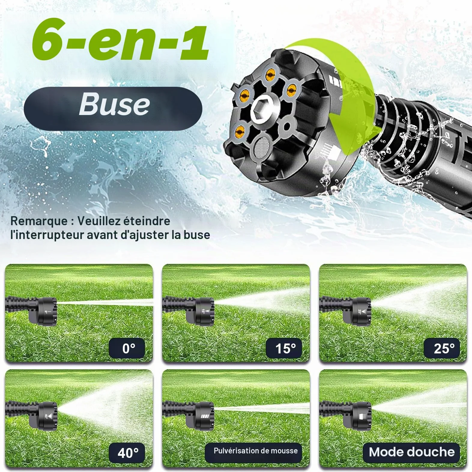 highsam Pressure Washer Nettoyeur Haute Pression sans Fil 4 Vitesses Max. 120 Bar avec 2 Batteries 4,0 Ah, buse rotative 6 en 1 et 180 °,Tuyau De 5 M,Nettoyage Arrosage