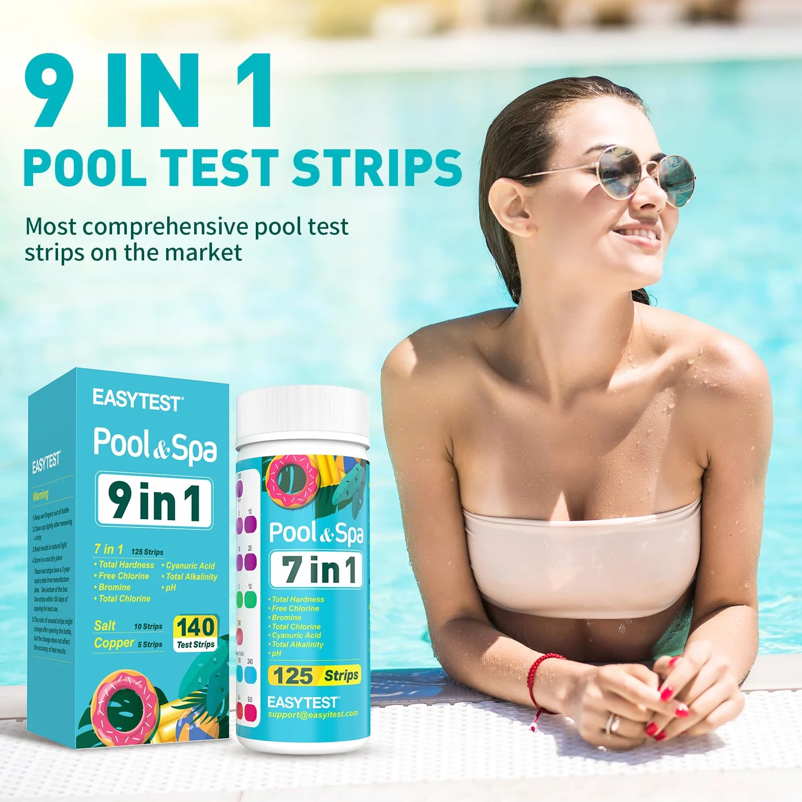 EASYTEST 140 bandelettes de test de piscine à 9 voies, jacuzzi et spa, pour le pH, le chlore total, le chlore libre, le brome, l'alcalinité, la dureté totale, l'acide cyanurique, le sel et le cuivre