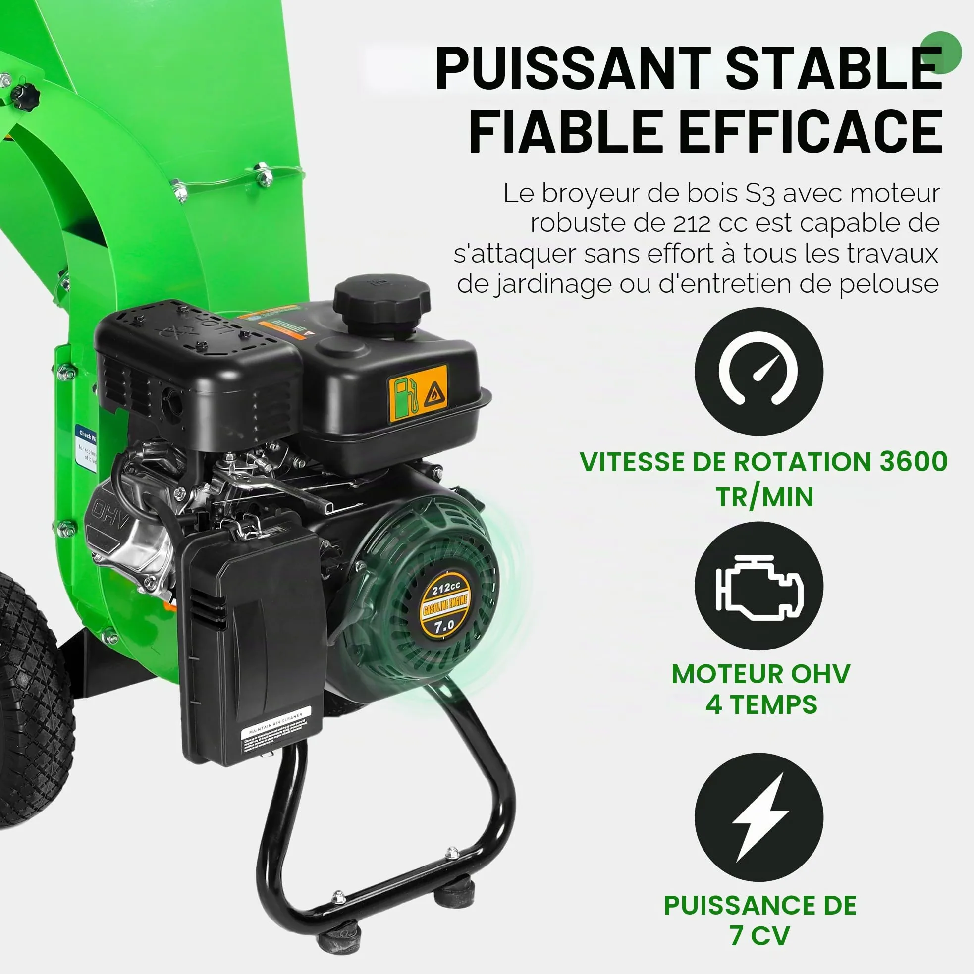 S3 Broyeur à bois, moteur à essence 4 temps 7 CV 212 cm³, épaisseur de branche max. 76 mm