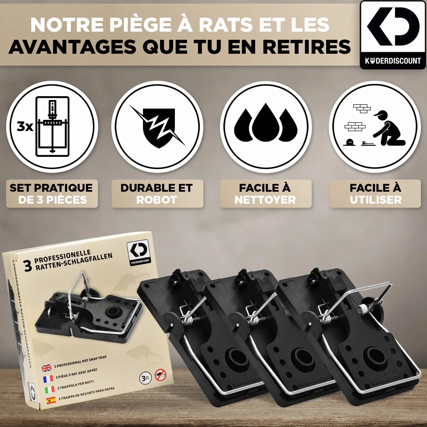 Piège à rats professionnel sans poison 3 pièces réutilisable efficace