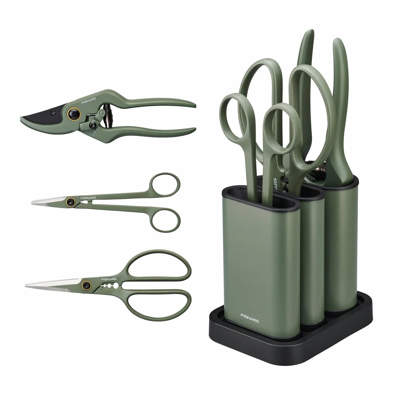 Fiskars Kit de Taille 3 Outils, Jardinage d'Intérieur | Sécateur de Précision, Sécateur et Cisailles pour Plantes avec Support, Acier Inoxydable/Plastique, Vert Foncé/Noir, 1075317