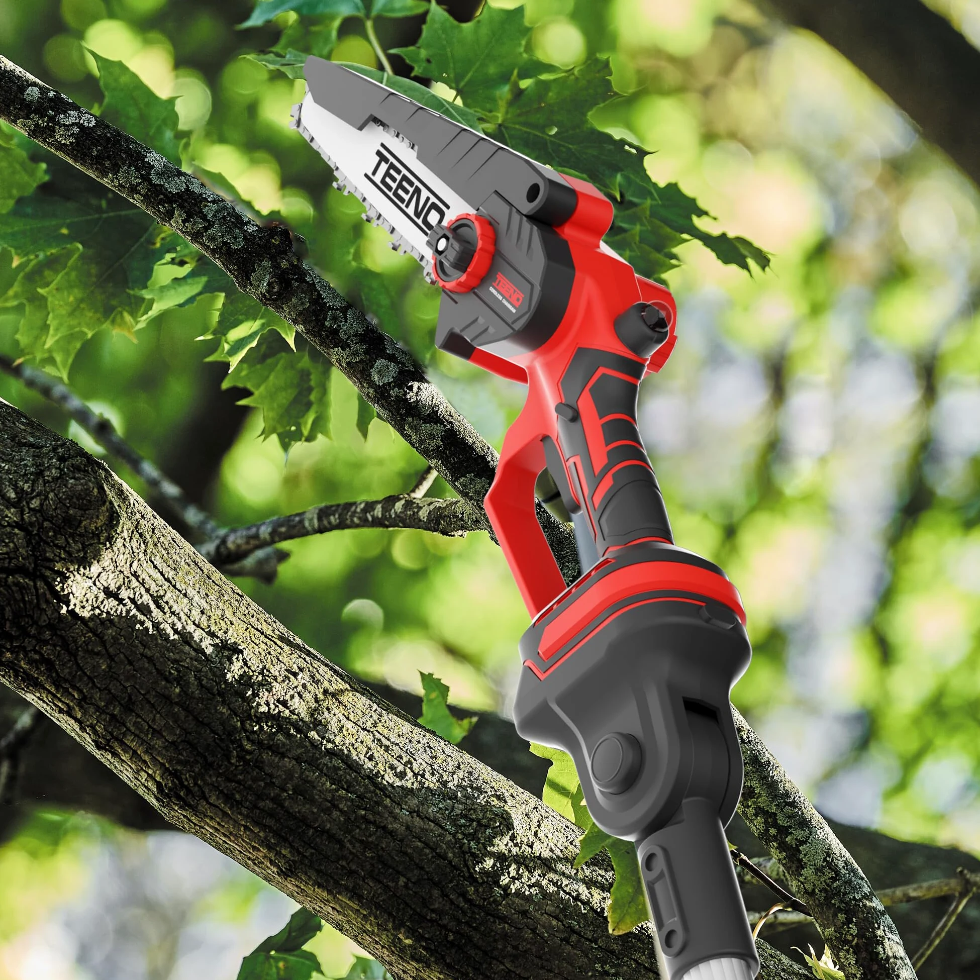 TEENO Tronçonneuse électrique 2-en-1丨Avec rallonge télescopique détachable | Guide-chaîne 2*6 pouces丨2 batteries 4 Ah丨2 chaînes丨Angle réglable à 180°丨Idéale pour le jardinage et l'élagage