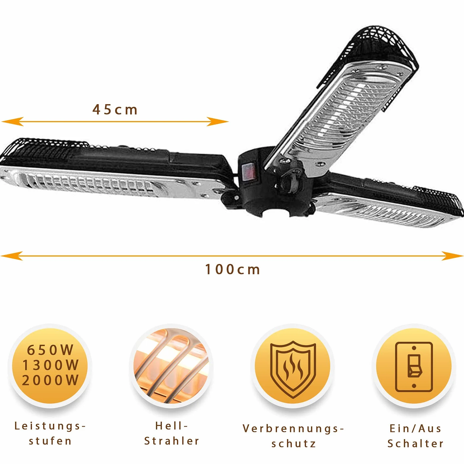 Mi-Heat Chauffage de parasol 2000 W Infrarouge pour terrasse 16 m² 3 niveaux de puissance