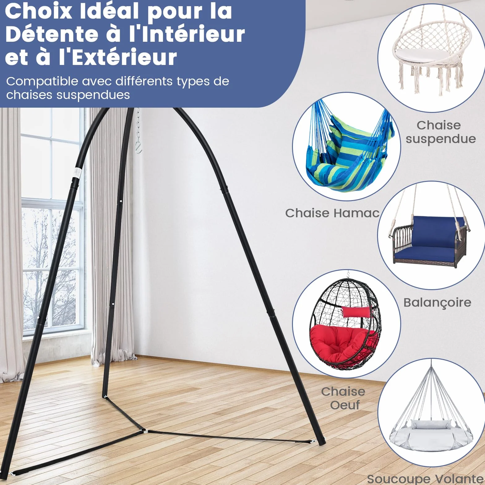 COSTWAY Support Fauteuil Suspendu Métal Pivotant 200 KG Chaîne Suspension Intérieur Extérieur