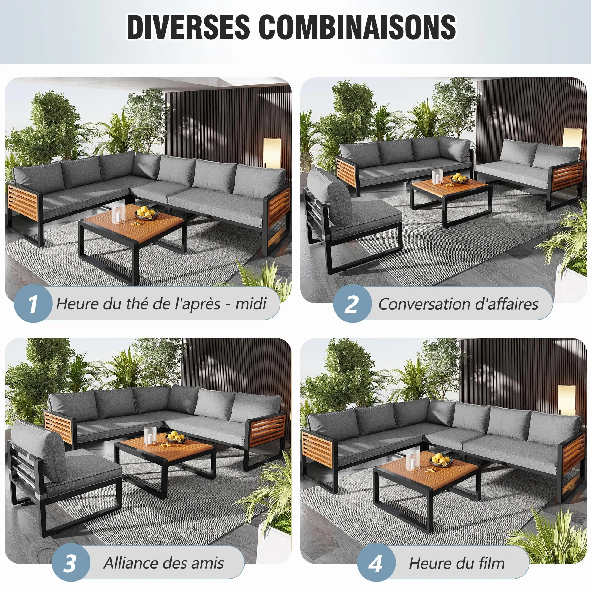 Ensemble Salon de Jardin Exterieur 5-6 Places, Mobilier de Jardin en Métal avec Structure en Fer Zinc et Accoudoirs en Bois, Canapé d'angle Modulable, Table Basse en Bois Massif