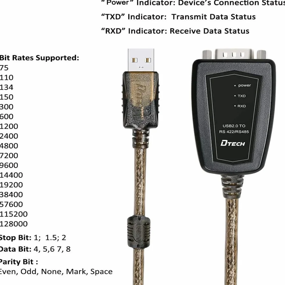 DTech Adaptateur USB vers RS485 RS422 Interface série CP2102 LED Noyau ferrite 0,5 m Windows Mac