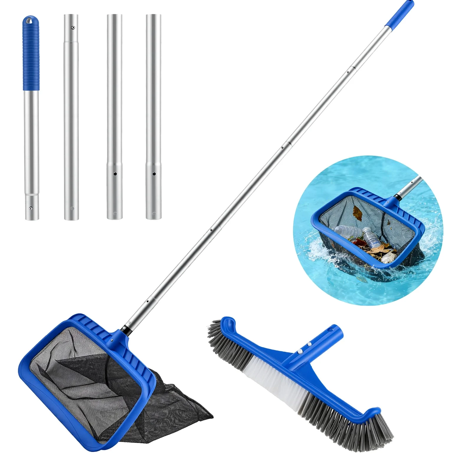 Kit de Nettoyage pour Piscine - Épuisette Piscine à Mailles Extra Fines et Brosse Piscine 45cm avec Manche 4 Sections pour Skimmer, Ramassage Feuilles - Accessoire Piscine Hors Sol