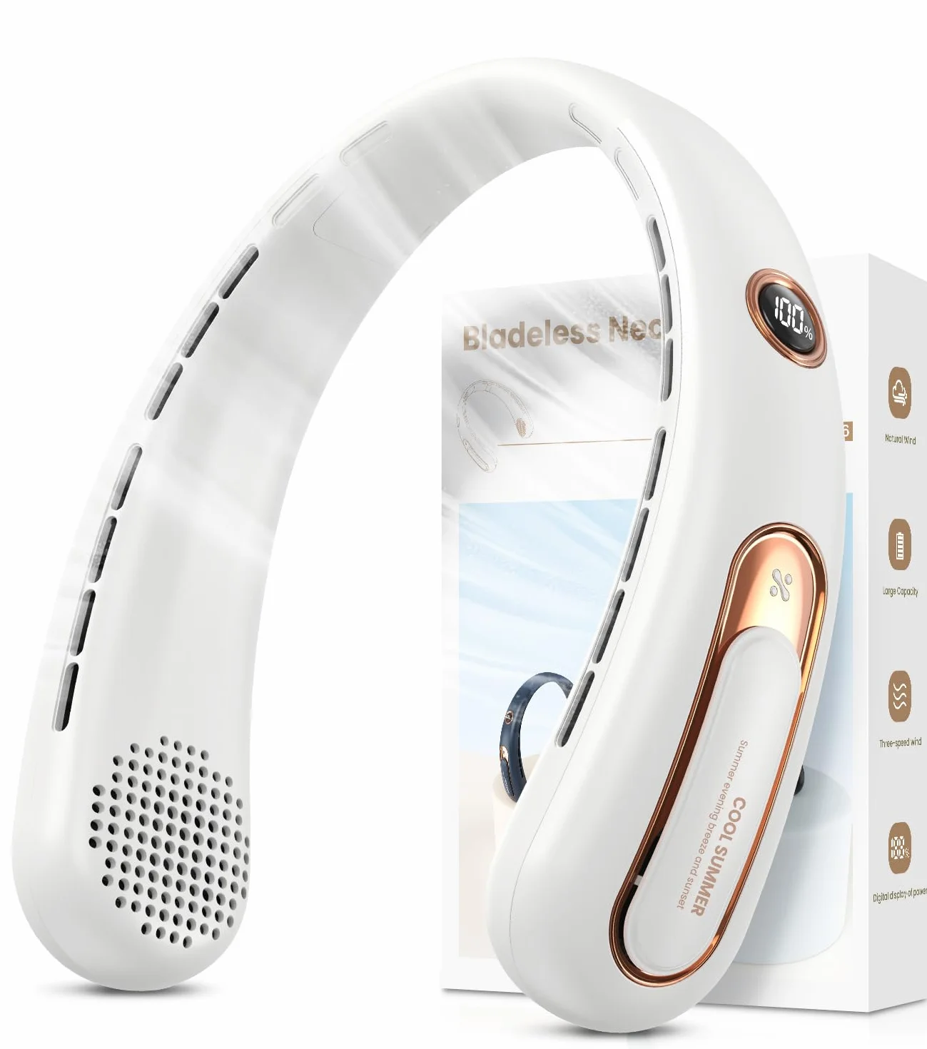 Ventilateur de Cou Portable USB Rechargeable 4000mAh 15H Silencieux sans Pale 3 Vitesses LED 360°