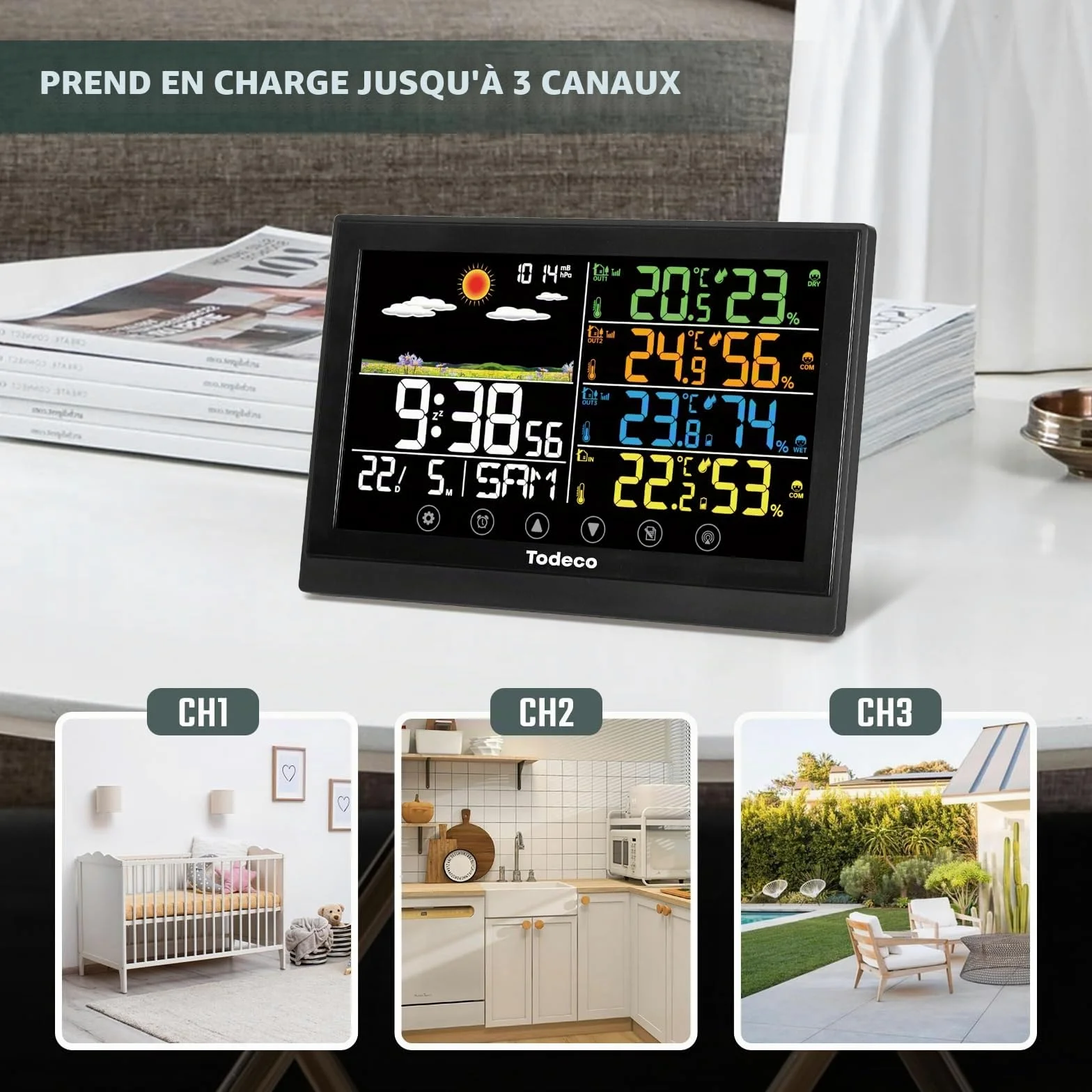 Todeco Station Météo Sans Fil avec 3 Capteurs et Écran LCD Couleur | Température et Humidité, Baromètre, Prévisions Météo, Heure, Calendrier, Réveil avec Snooze, Alimentation Secteur ou Piles