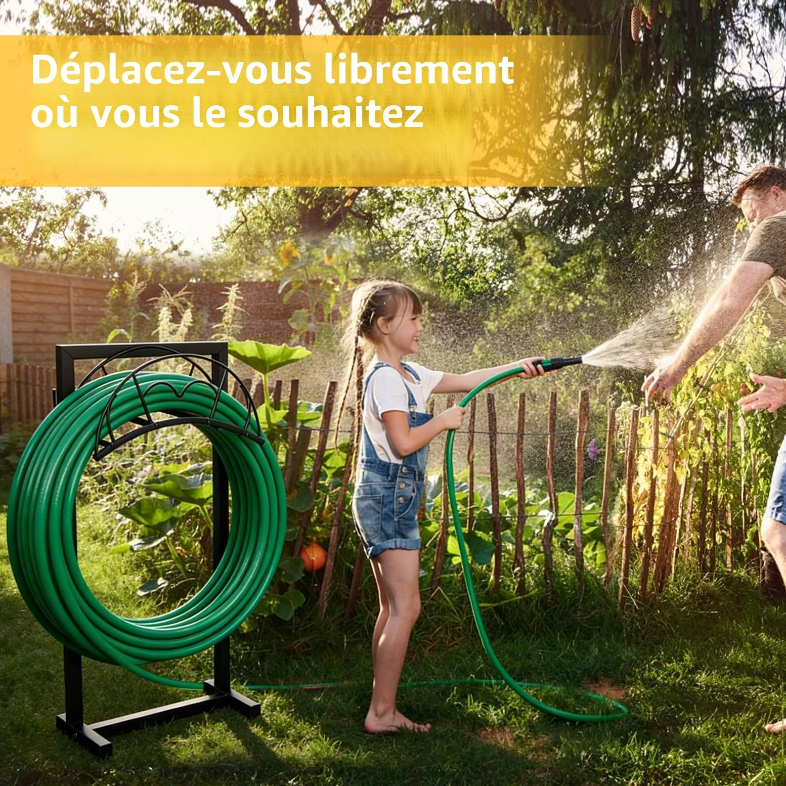 EFUTURETIME Support Tuyau Arrosage en Métal 105cm avec 5 Piquets, Noir | Autonome, Amovible, Robuste et Durable, Contient 50m, pour Cour, Pelouse, Extérieur