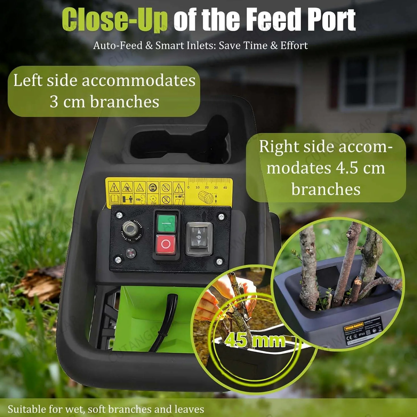 Déchiqueteur Bois Électrique, Broyeur Jardin 2800W Avec Capacité Branches 45mm, Sac Collecteur Amovible 60L, Interrupteur Sécurité Et Design Portable, Adapté Entretien Jardin.