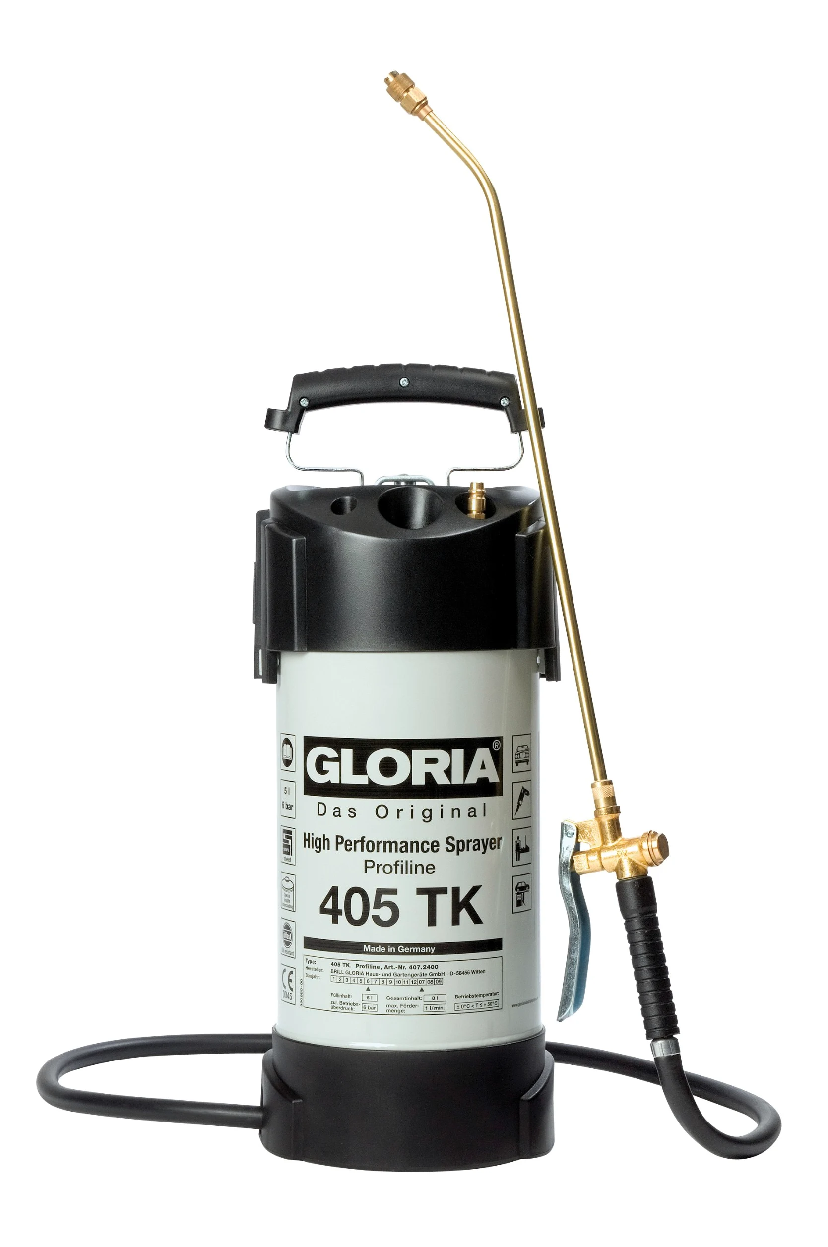 Gloria Pulvérisateur Haute Performance 405 TK Profiline | 5L Acier Revêtu | Raccord compresseur (pression auto 6 bar) | Cuve acier oléofuge & joints FKM | Avec manomètre | Idéal artisanat & industrie