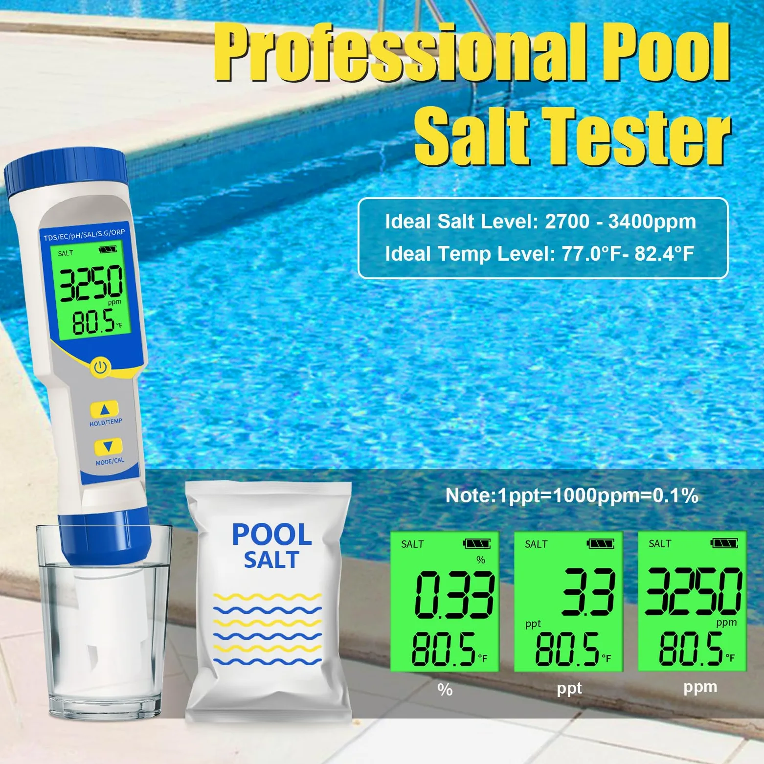 Compteur de sel numérique pour piscine, Phmètre étanche IP67 avec ATC, 7 en 1 /TDS/EC/Salinité PH Testeur, Compteur de Salinité PH pour Test de dureté de l'eau Aquarium, Eau potable