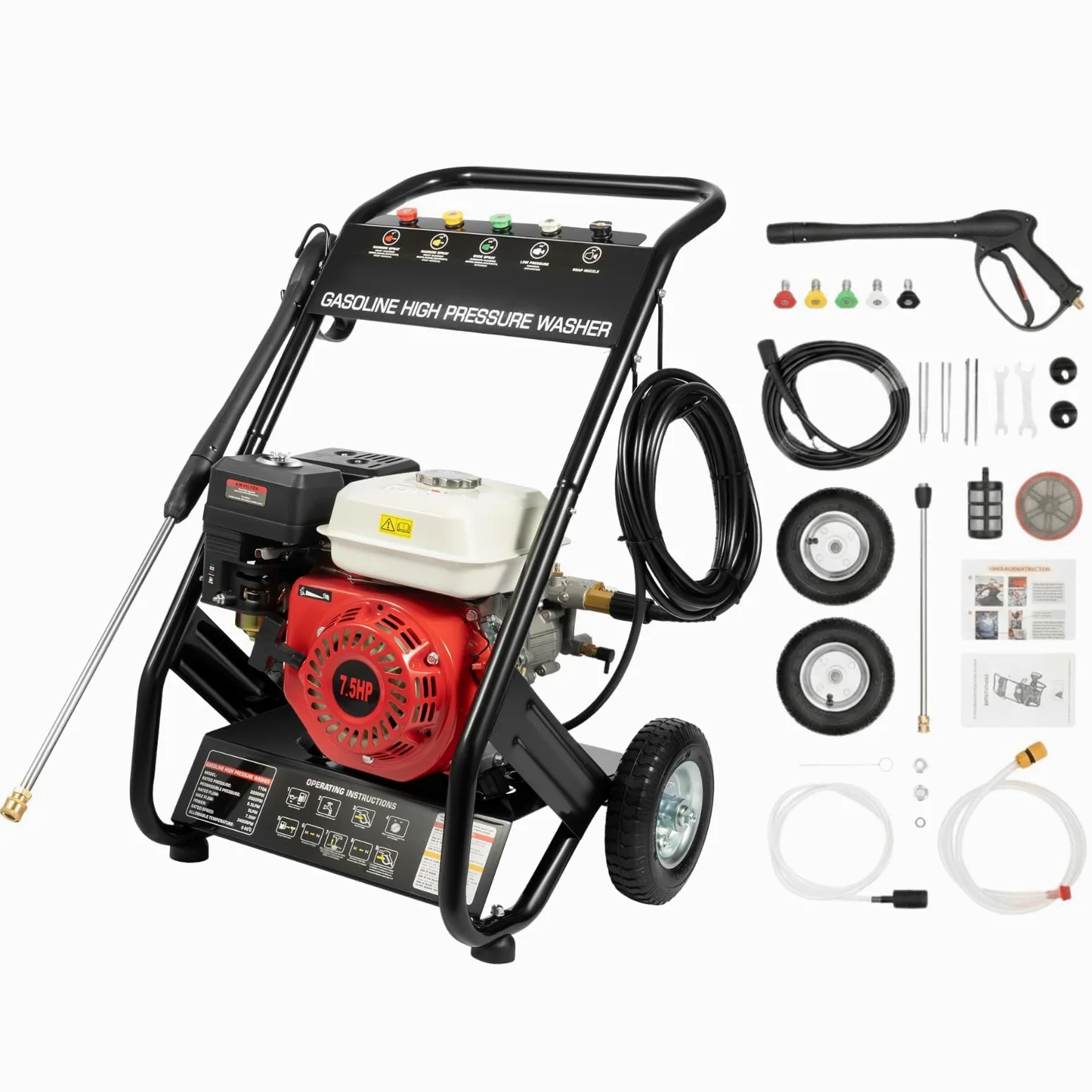 Nettoyeur haute pression à essence 7,5 CV 2200 PSI Nettoyeur haute pression à essence avec 5 buses et tuyau de 7,9 m, auto-amorçant professionnel à essence pour nettoyage de voiture, cour
