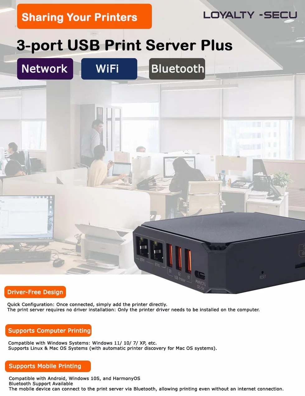 Serveur d'impression USB 3 Ports WiFi Blue-TH LOYALTY-SECU