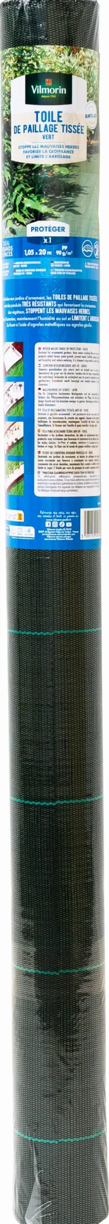 VILMORIN - Toile de Paillage Tissée 1,05 m x 20 m - En Polypropylène 90 g/m² - Favorise la Croissance des Fleurs, Haies, Arbustes - Stoppe les Mauvaises Herbes - Limite l'Arrosage - Protège le Sol