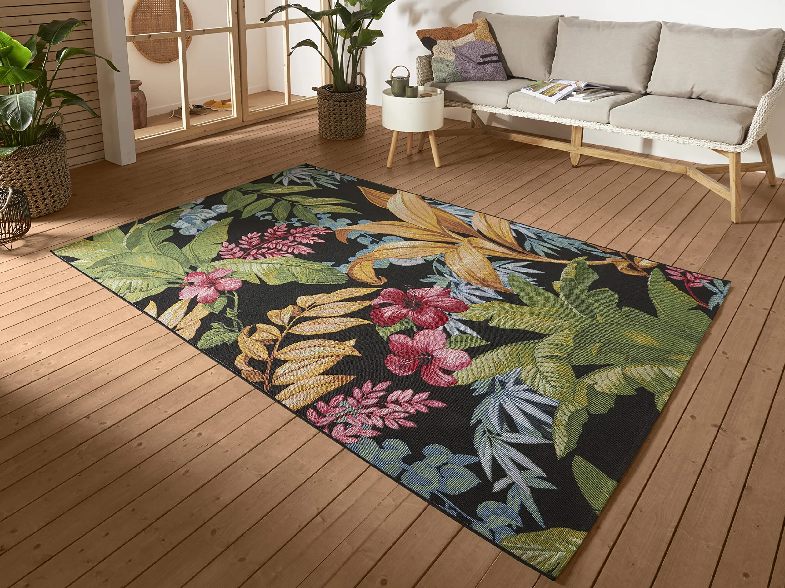HANSE Home Tropical Flowers - Tapis d'intérieur et d'extérieur - Tissage Plat - Design Floral - Certifié Öko-Tex - Résistant aux intempéries et aux UV - pour Balcon, terrasse, Jardin - Multicolore -