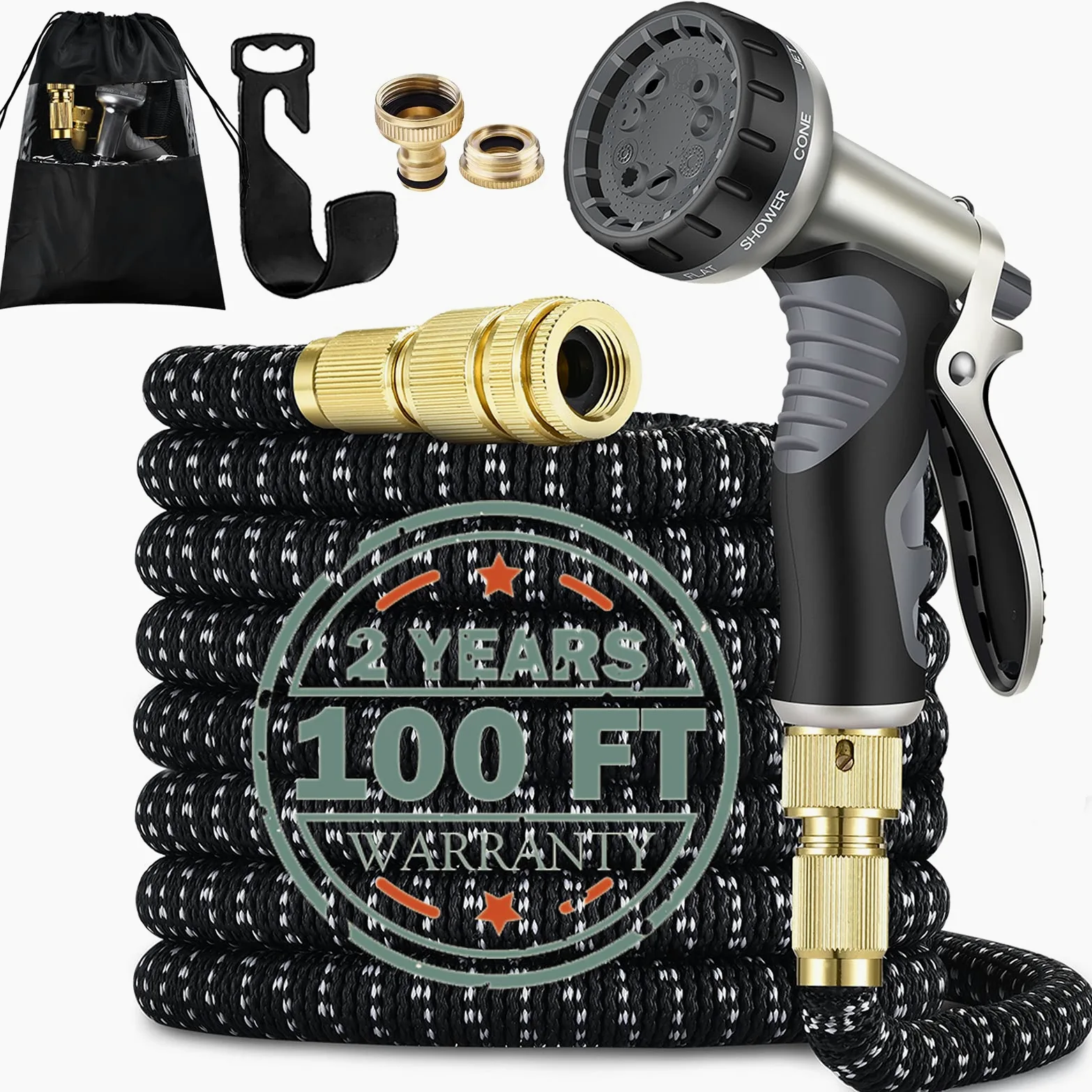 HmiL-U Tuyau d'arrosage extensible de 30 m avec double noyau en latex, raccords en laiton massif, buse de pistolet pulvérisateur en métal, noir, 1