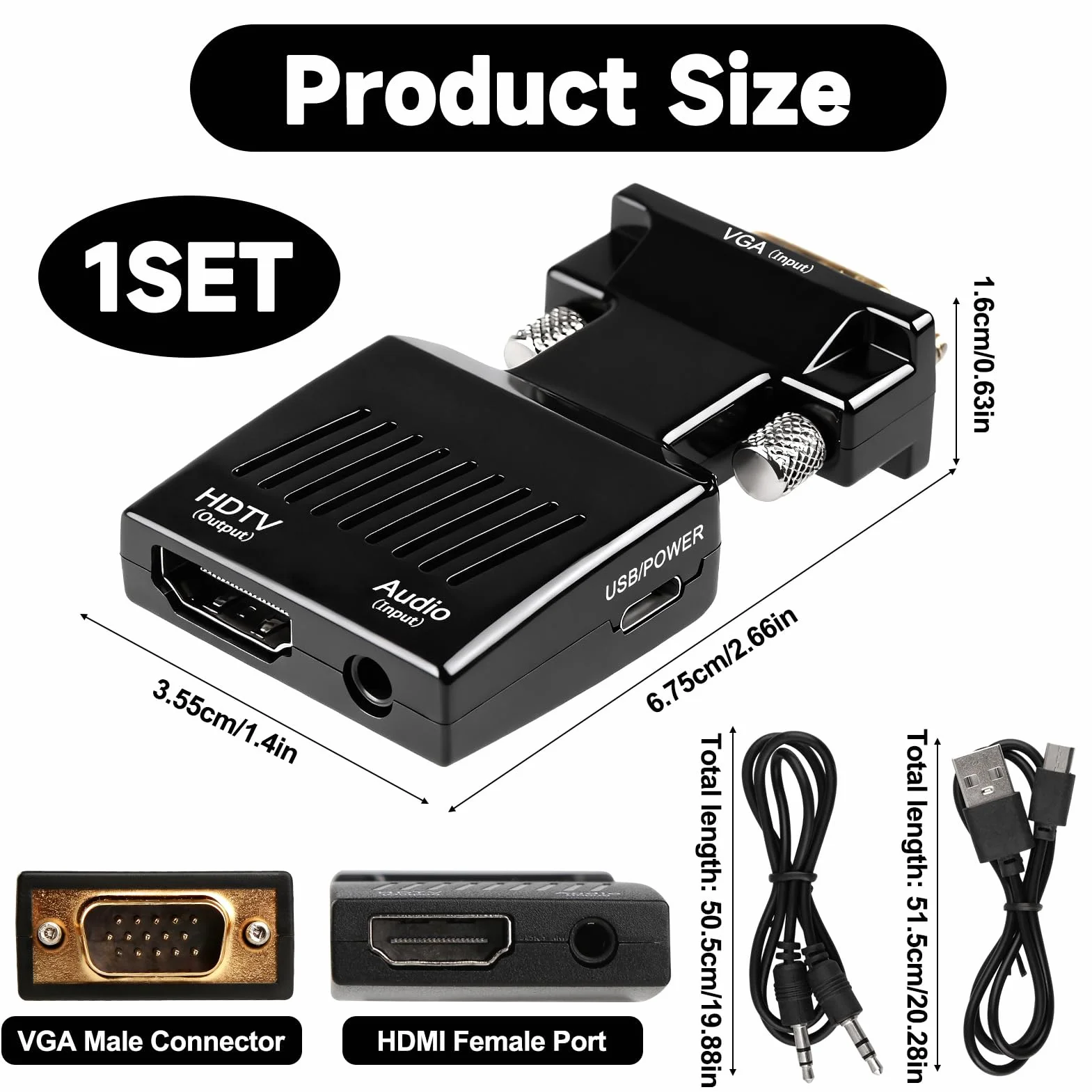 Adaptateur VGA vers HDMI 1080P Convertisseur Mâle vers Femelle 60Hz avec Câble 3,5 mm et Alimentation pour PC vers TV