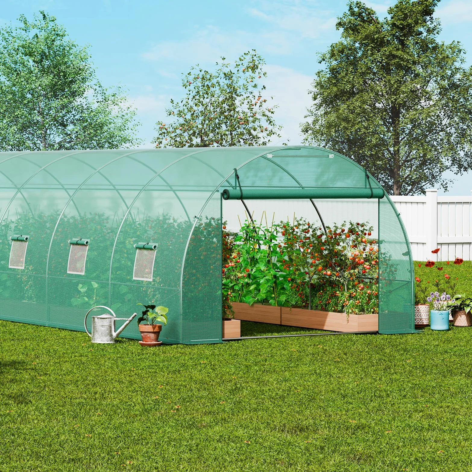VEVOR Serre Tunnel Jardin, 890x295x198 cm, Tente Abri Plantes avec Cadre en Acier Galvanisé, Couverture en PE Verte, Porte à Glissière Enroulable, 12 Fenêtres, pour Extérieur Cultiver Légumes Fleurs