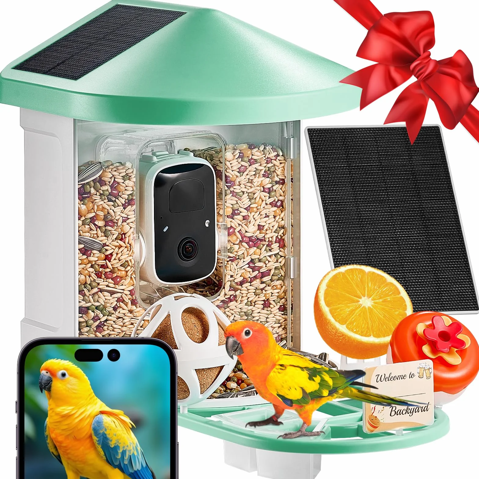 VEVOR Mangeoire Oiseaux Caméra Intelligente 2K HD AI Identifie 10000 Espèces 3 Panneaux Solaires Capture Auto Notification Extérieure Vert