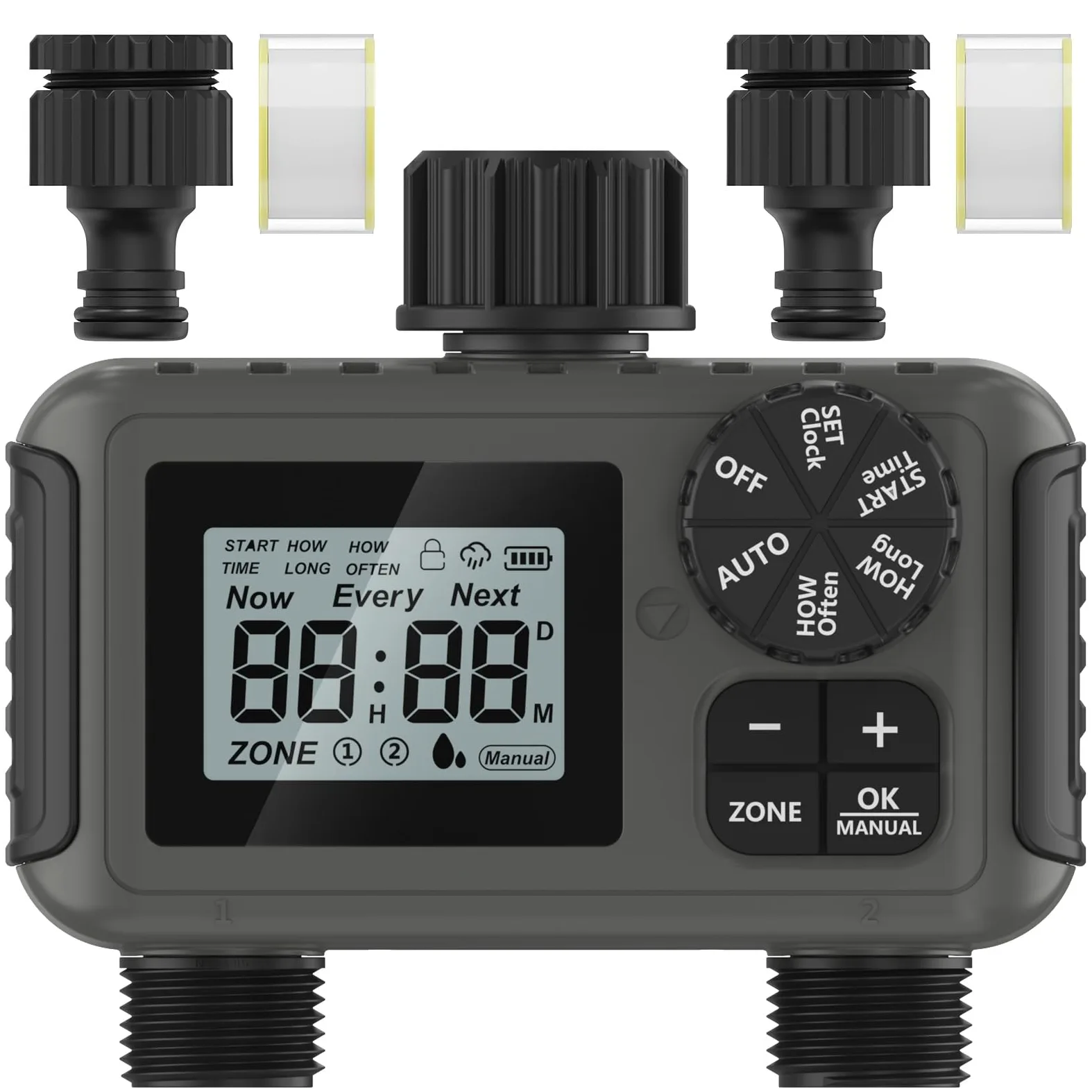 HITRENDS Ordinateur d'irrigation 2 sorties, grand écran LED, minuterie d'arrosage avec retard de pluie/contrôle manuel/minuterie de robinet, convient pour les jardins, les pelouses et les plantes en
