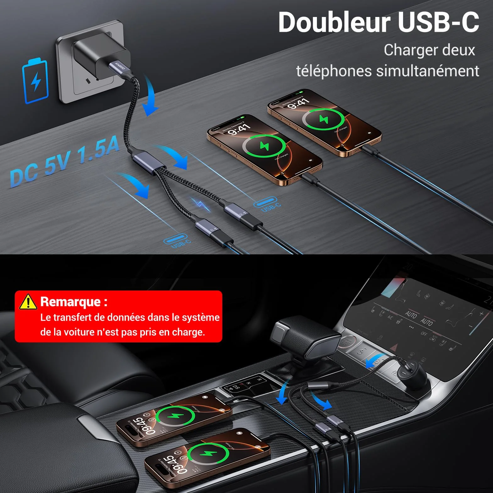 Adaptateur Double USB C mâle vers femelle KiwiBird pour charge données ordinateur portable Mac