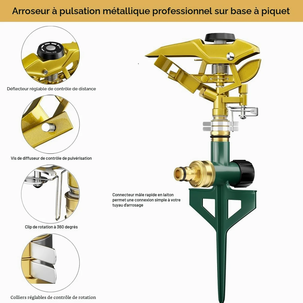 FANHAO Arroseur pulsé en métal, arroseur de pelouse Robuste sur Piquet, arroseur à Impulsion pour arrosage de Surfaces jusqu'à 540 m², Rotatif à 360° pour Une Couverture de Grandes Surfaces