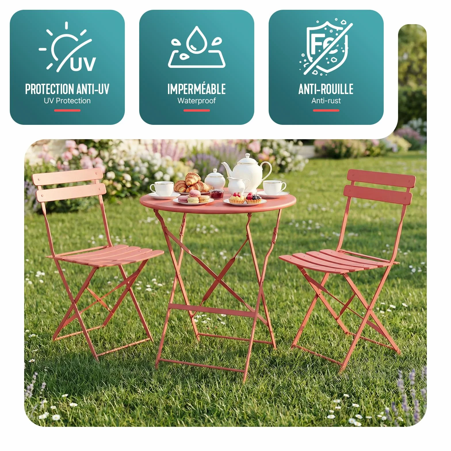 Vounot Ensemble de Bistrot Pliant 3 Pièces Métal Rouge Brique Jardin