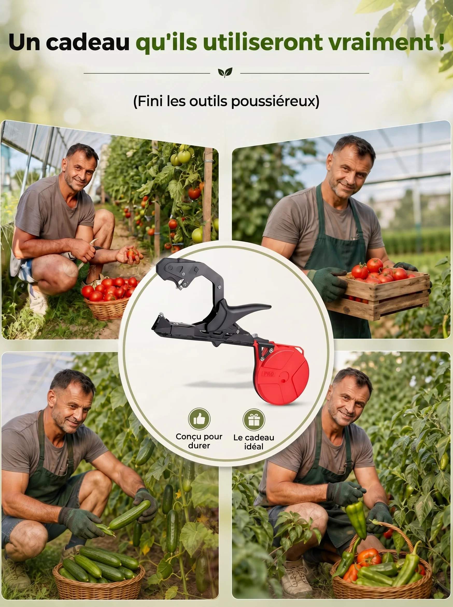 Lieuse professionnelle pour plantes avec 10 rouleaux de ruban de 60 m, 500 g | Revêtement noir anti-corrosion, structure équilibrée anti-fatigue pour vignes et tomates.