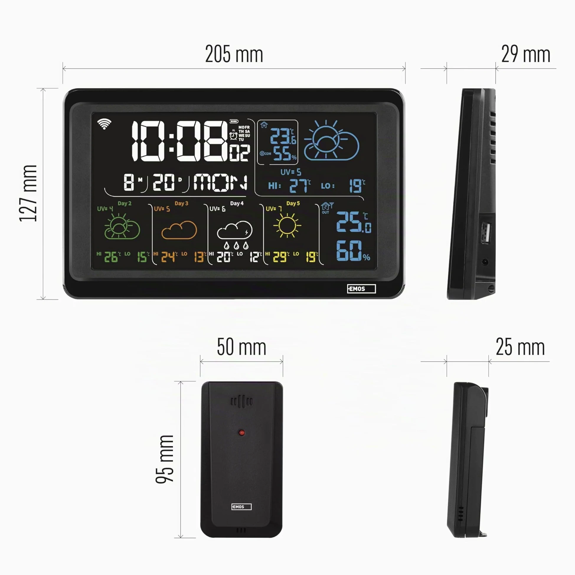 EMOS GoSmart - Station météo WiFi avec capteur extérieur sans fil et application - Écran couleur, prévisions météo sur 5 jours, thermomètre, hygromètre, horloge - Compatible Tuya, Smartlife - Avec