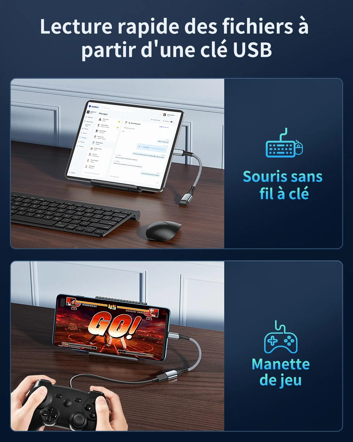 ANDTOBO Adaptateur USB C vers USB 3.0 OTG, Câble Thunderbolt3 pour iPhone 15 Pro Max, Samsung Galaxy S23, MacBook Pro