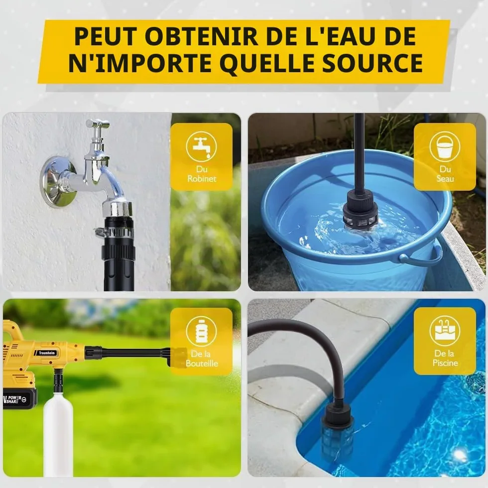 Nettoyeur Haute Pression sans Fil 21V, 68 Bar, 2x4000mAh | Moteur sans balais, buse rotative 180°/360°, buse 6 en 1, raccord pour bouteille, rallonge