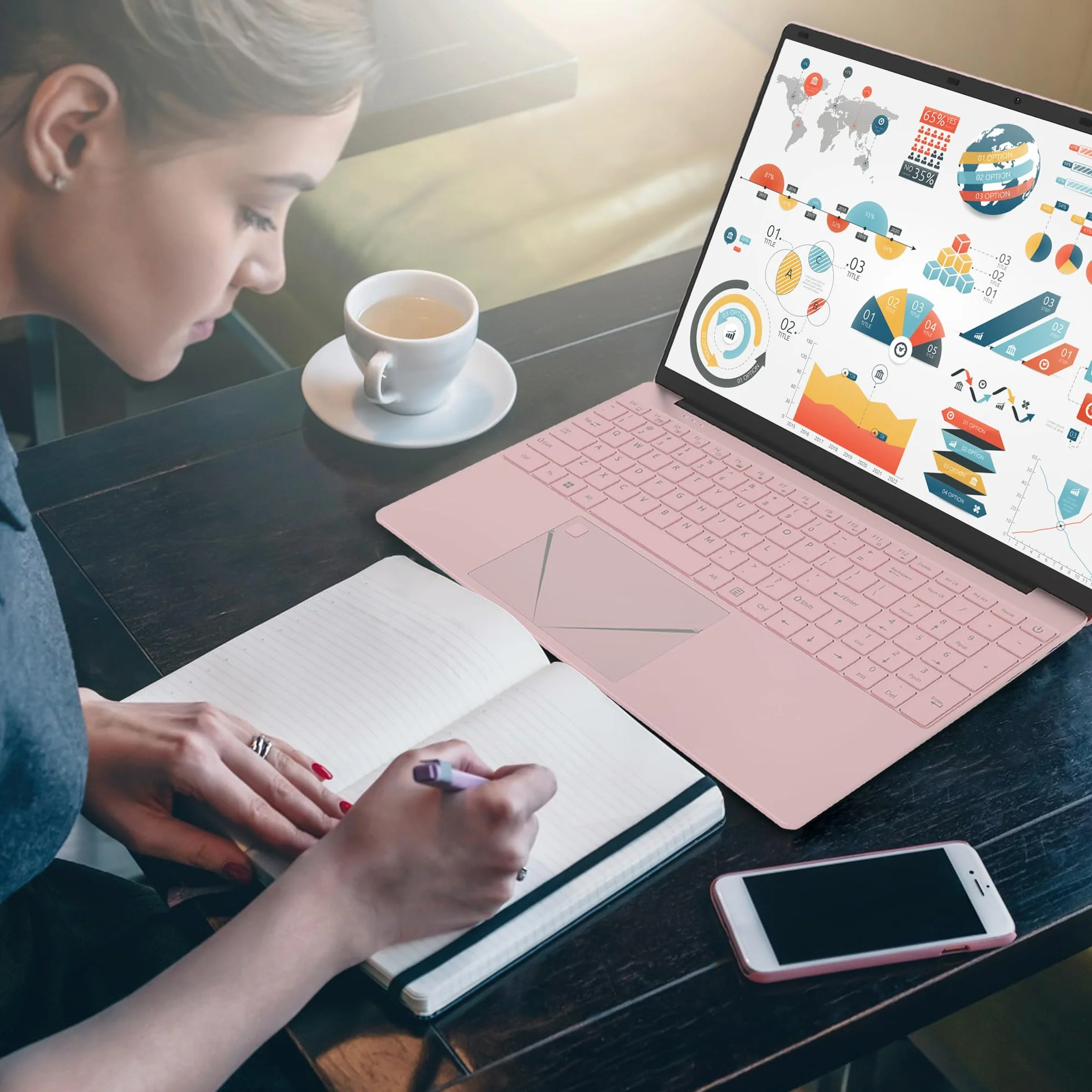 Ordinateur Portable 15,6 Pouces Rose, FHD 1920x1080, Processeur N95 3,4 GHz, 16 Go DDR4 RAM, 512 Go SSD, Léger pour Étudiants