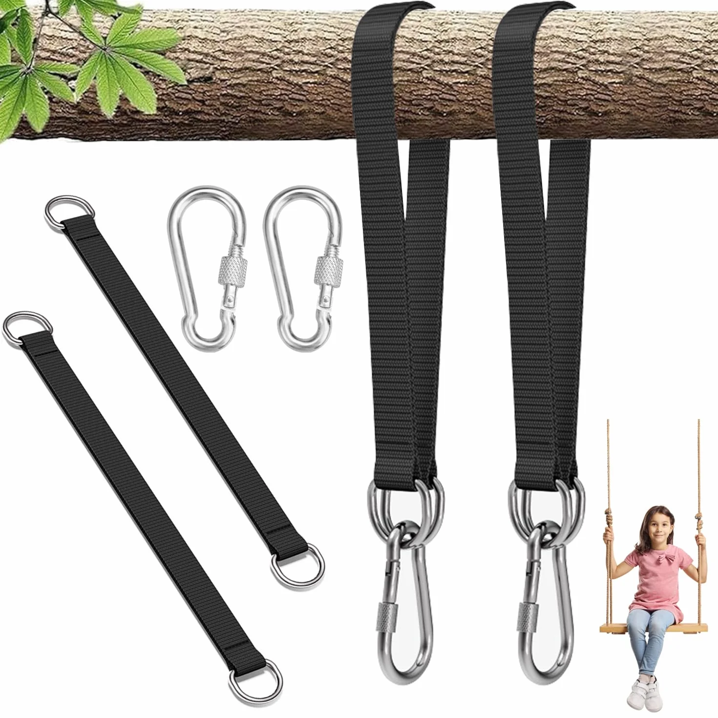 Sangles de Hamac avec Mousquetons et Anneaux en D, Fixation Lourde pour Arbre, Camping, Patio