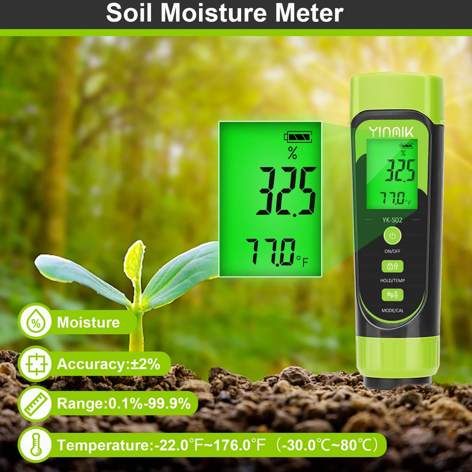 YINMIK Testeur d'humidité du sol numérique 3 en 1 pour surveiller l'eau des plantes d'intérieur, excellent hygromètre pour jardiniers, composteurs, agriculteurs et pépinières