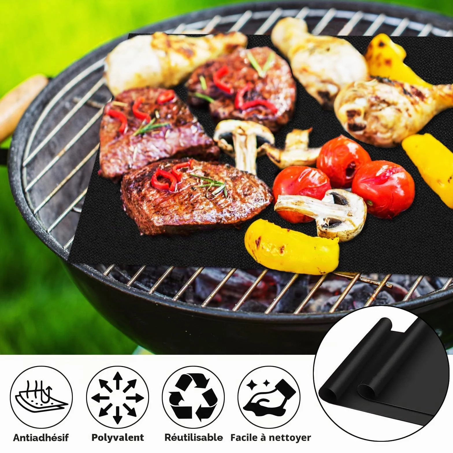 Lot de 5 Tapis Barbecue 60x40cm Anti-adhérent Téflon Réutilisable avec Brosse et Clip